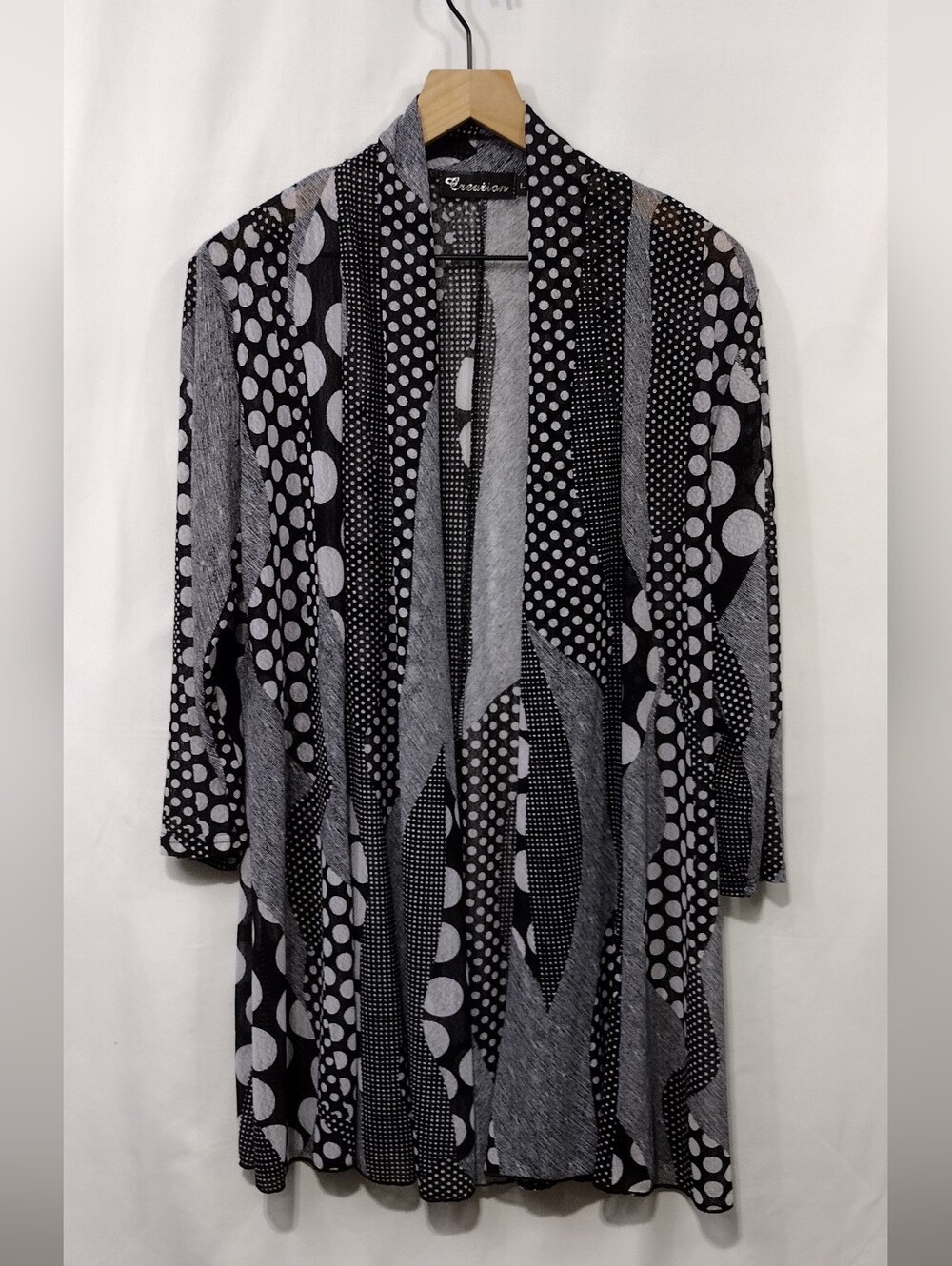 Creation Polka Dot Open Cardigan Women's L Black White Artsy Boho Retro 90s Y2K